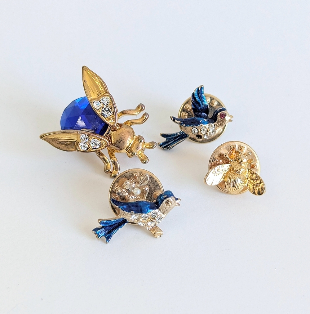 4pc Vintage Blue & Gold Scatter Pin Set • Cobalt Fly Bluebird & Bee Trio